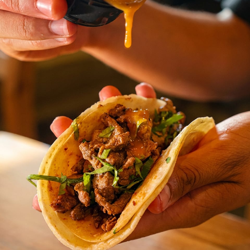 A person's hands hold a meat taco as golden sauce is drizzled over it.