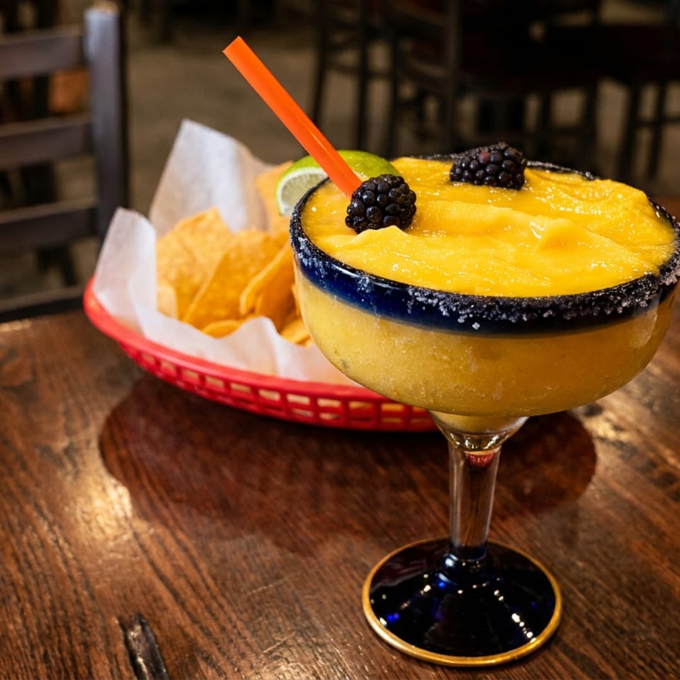 Mango margarita with blackberries, lime, and an orange straw, next to a basket of tortilla chips.
