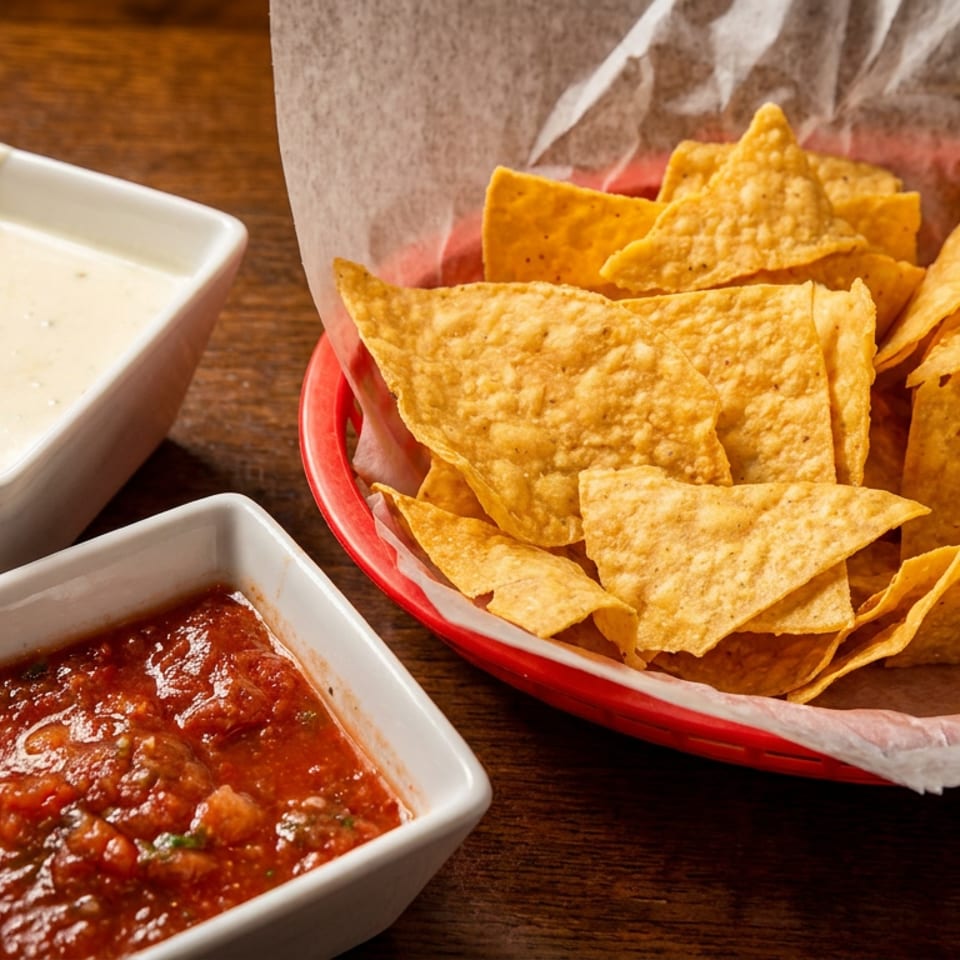 A red basket of tortilla chips with white bowls of queso and salsa on a wooden table.