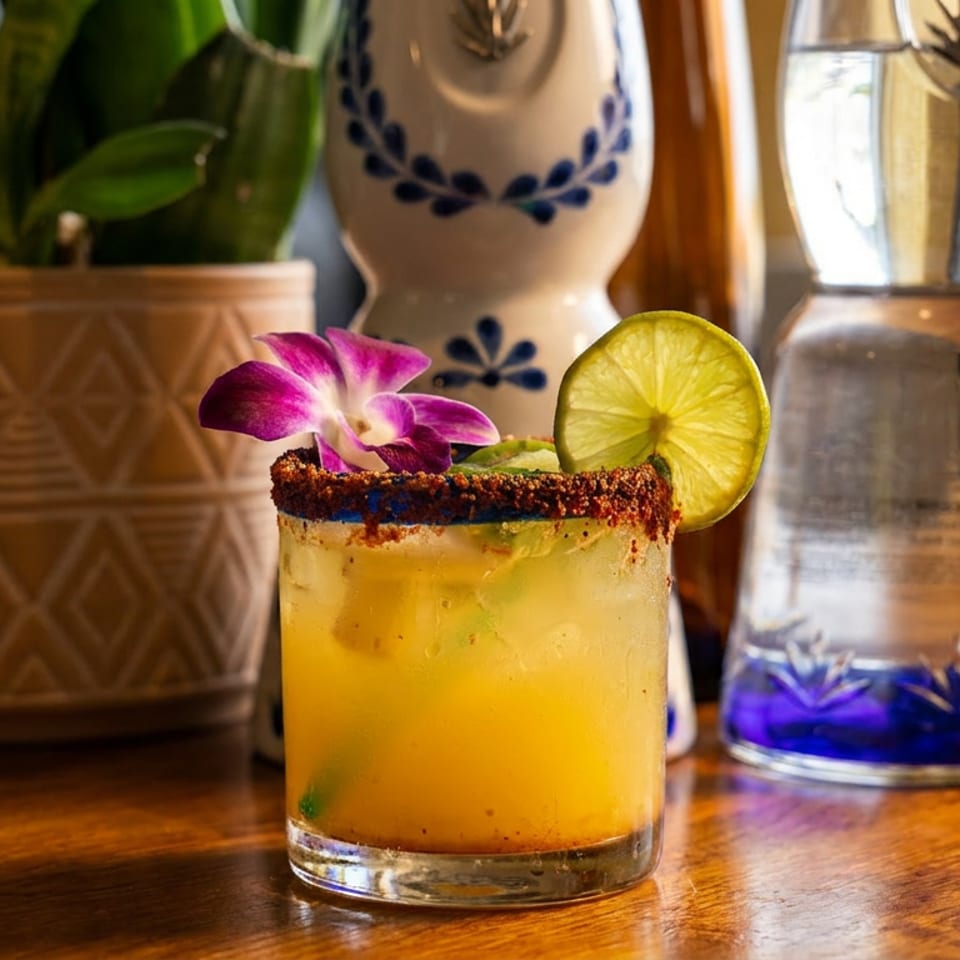 Spiced rim cocktail with lime and purple orchid, with tequila bottles and plant in background.