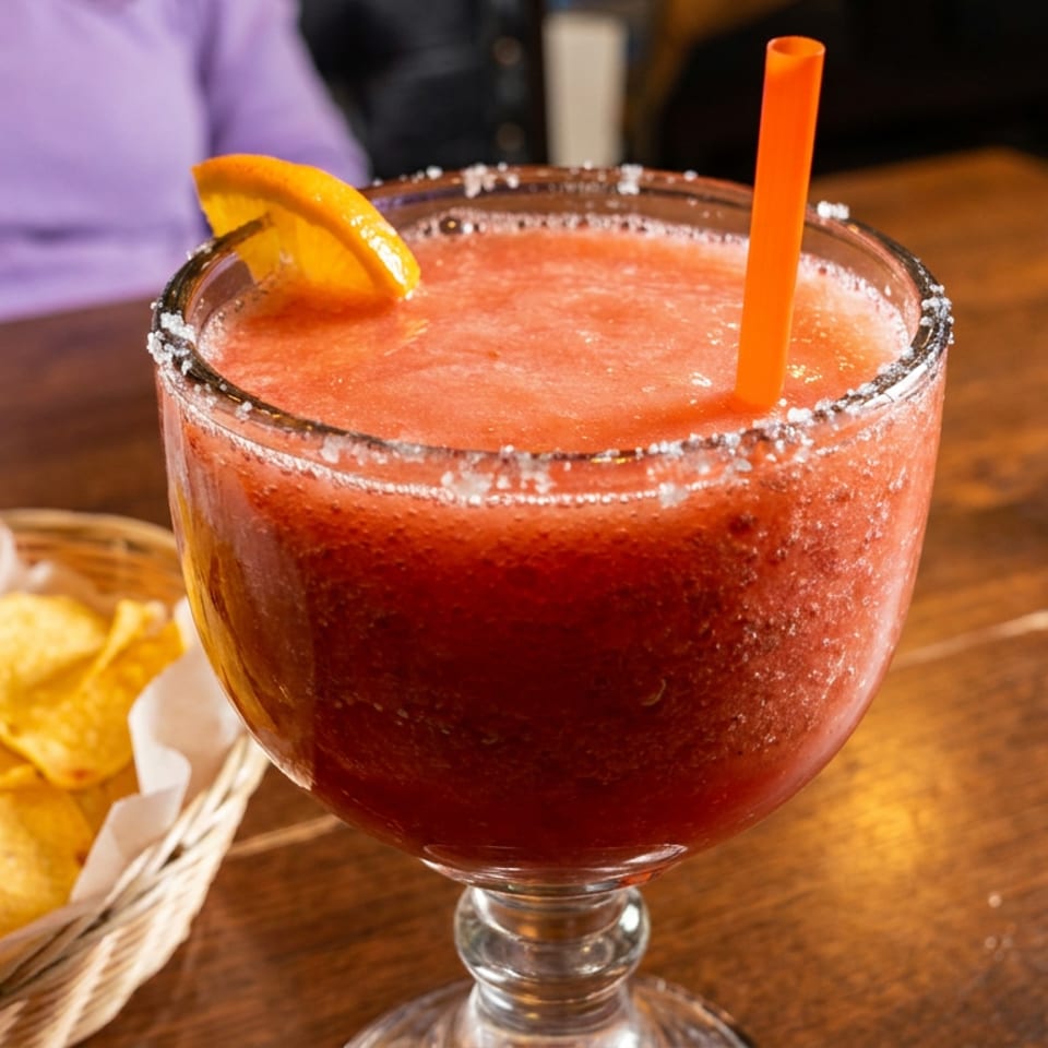 Close-up of a red frozen margarita with an orange slice and straw, next to tortilla chips.