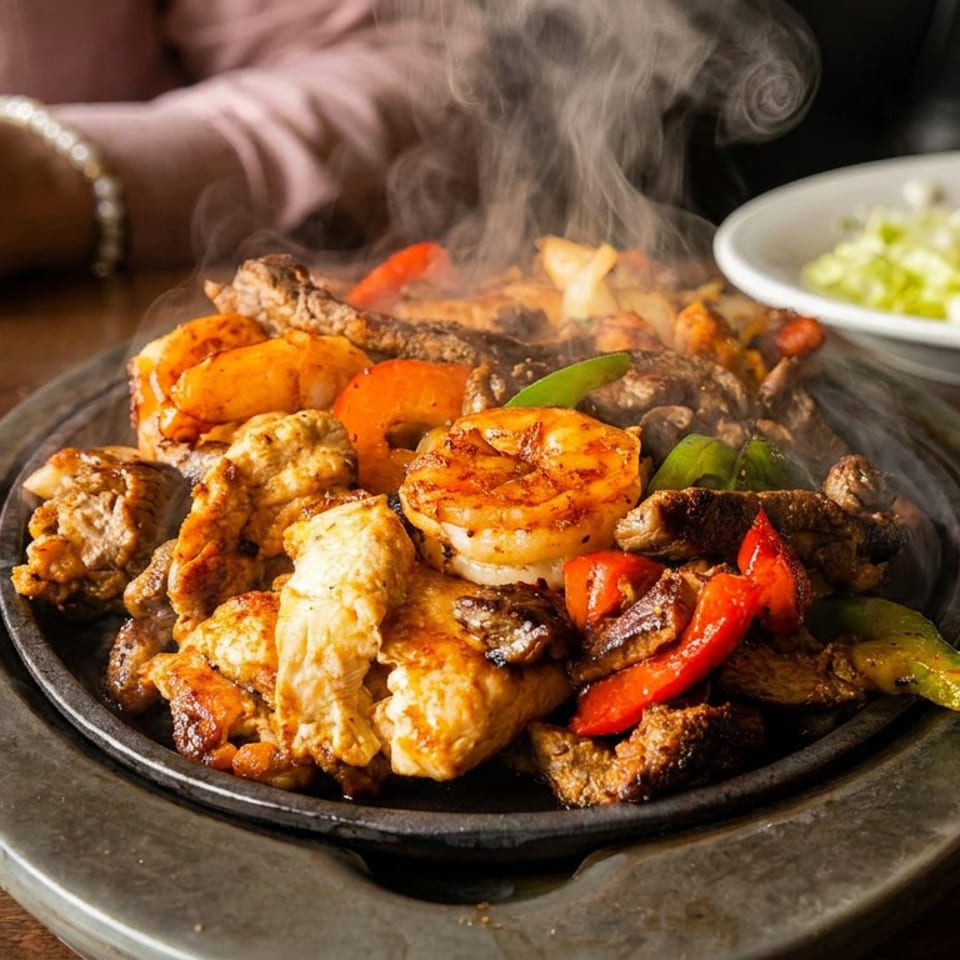 Sizzling fajitas with chicken, shrimp, steak, and peppers on a hot plate, with a person in the background.