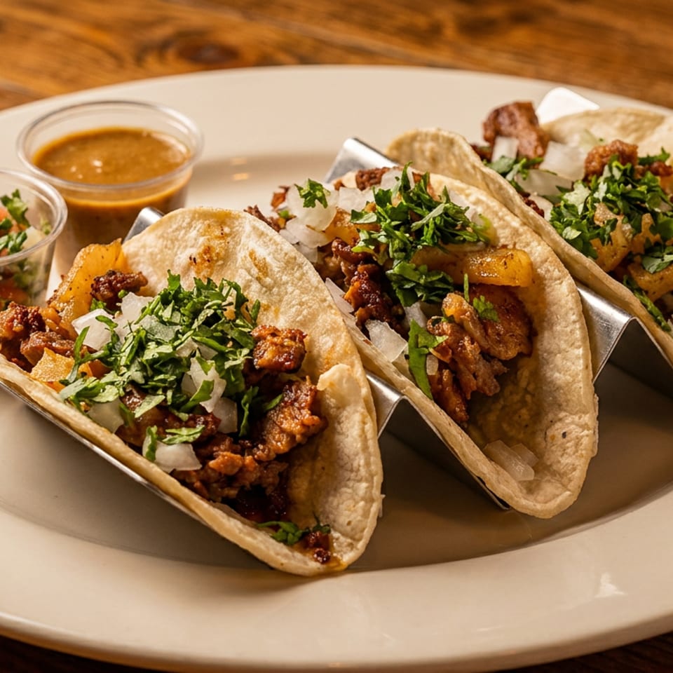 Three delicious tacos with meat, onions, and cilantro, served with salsa and pico de gallo.