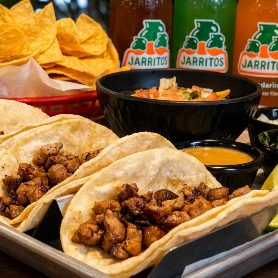 Delicious street tacos, tortilla chips, salsa, and colorful Jarritos sodas on a tray.
