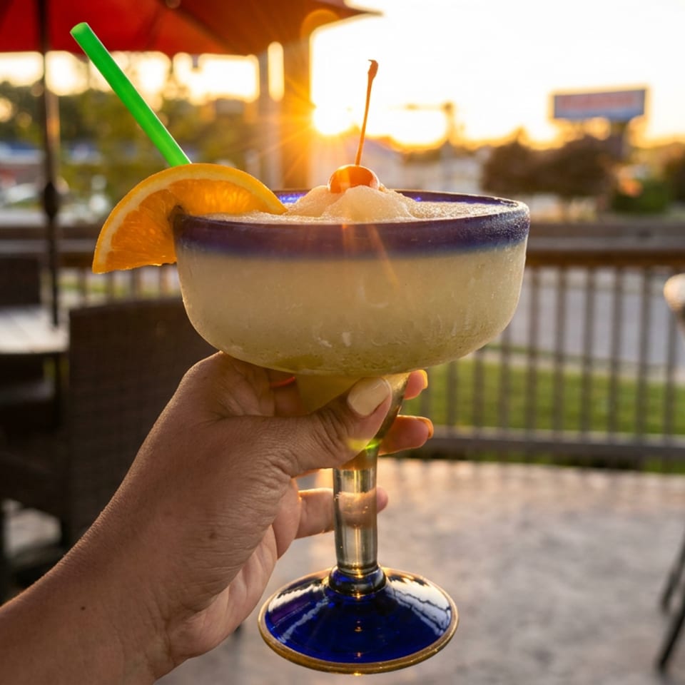 Hand holding a frozen margarita with an orange slice and cherry on a restaurant patio at sunset.